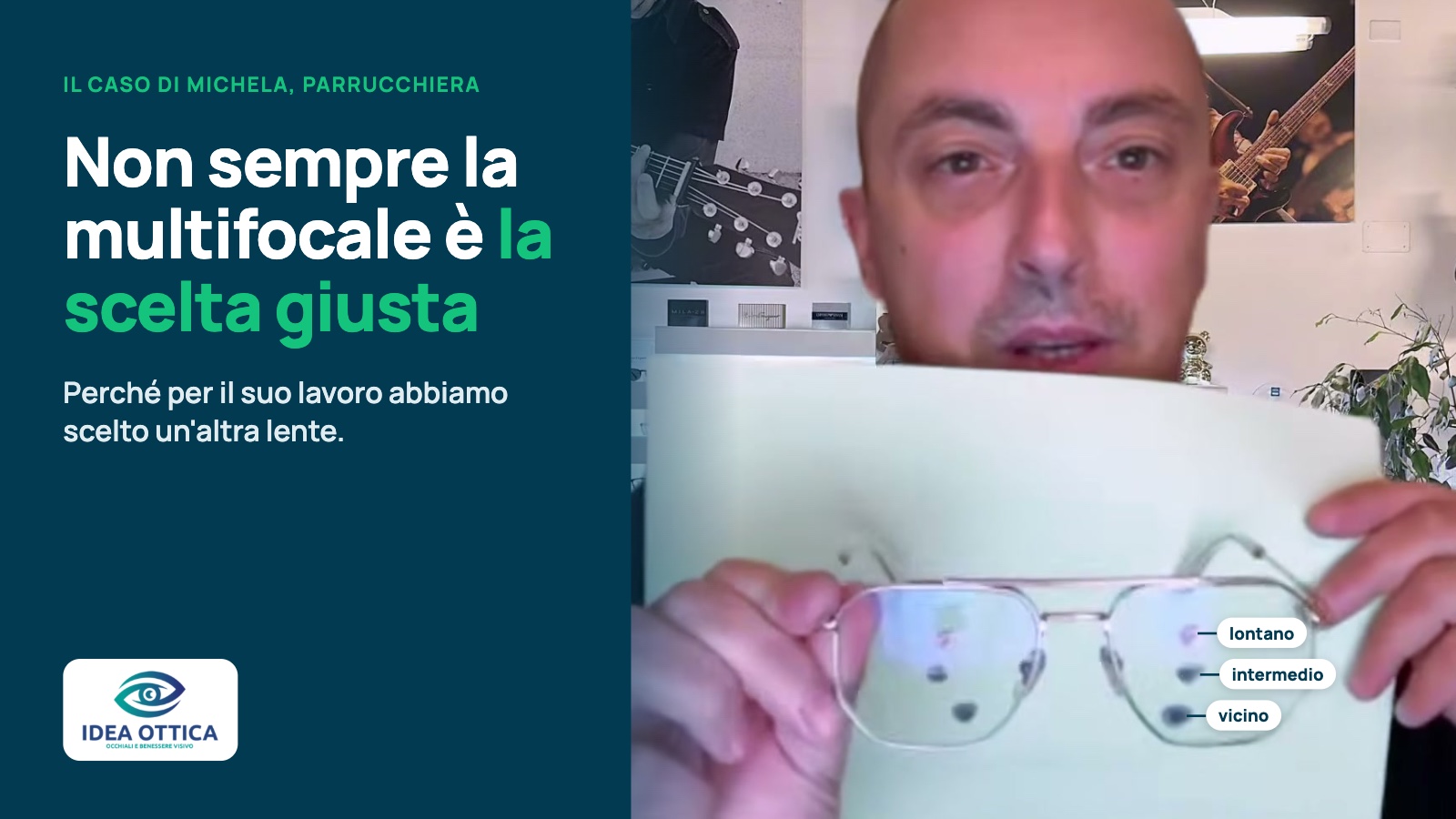 Filippo Galvani mostra il suo occhiale multifocale con tre puntini: zona da lontano, intermedia e da vicino